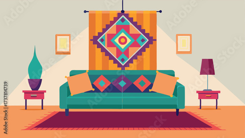 A living room with a large statement piece such as a colorful Moroccan rug or a wall hanging made of discarded fabric scraps.