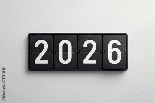 Vintage flip clock showing year 2026 against minimalist white background.