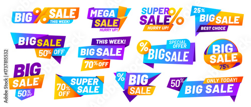 Big sale banners, price tags and discount stickers with bold typography such as super mega sale and 70 percent off, for promotional marketing in online stores, ecommerce, and advertising campaigns