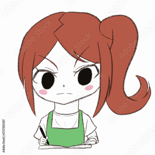 勉強しているエプロンを着た女の子