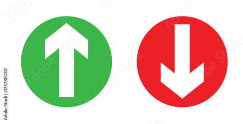 Simple up and down arrows. Upward, downward arrows in green and red isolated on white background, set of two. Vector illustration.