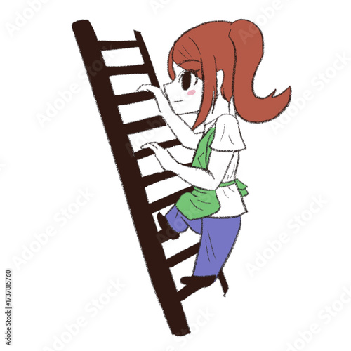 はしごを登っているエプロンを着た女の子
