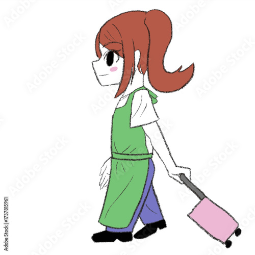 スーツケースを運んでいるエプロンを着た女の子