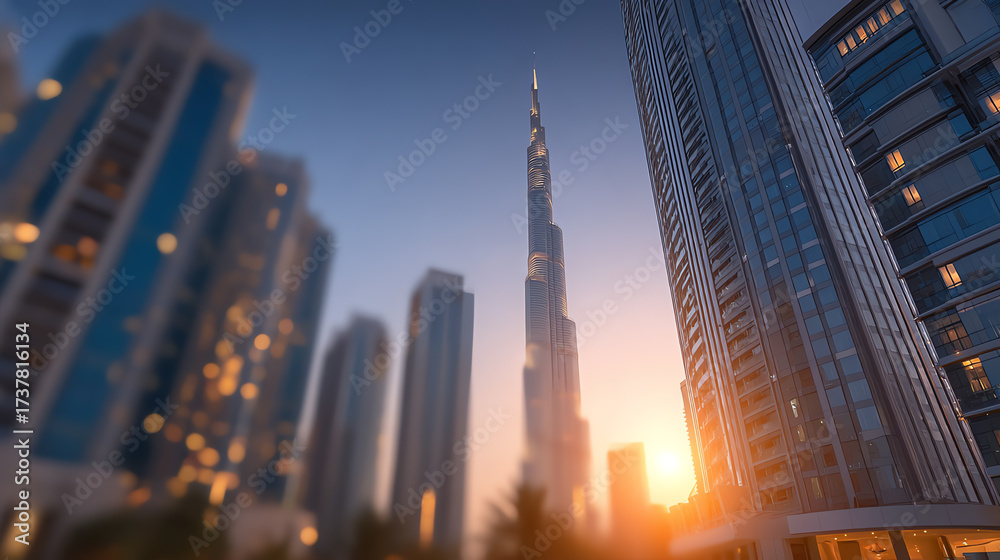 Fototapeta premium Stunning sunset view of skyscrapers, showcasing modern architecture and urban beauty in a bustling city landscape.