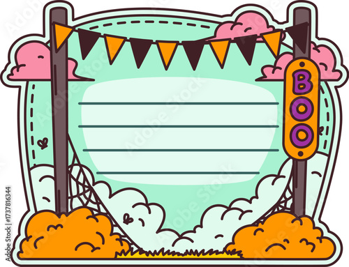 Halloween holiday garland kids memo note frame. Creepy schedule sticker, autumn scary diary vector memo note. Halloween holiday planner to do list label with spider cobwebs, sky and garland on pillars