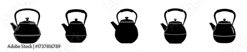 A simple graphic of five identical black teapots lined up horizontally on a white background.