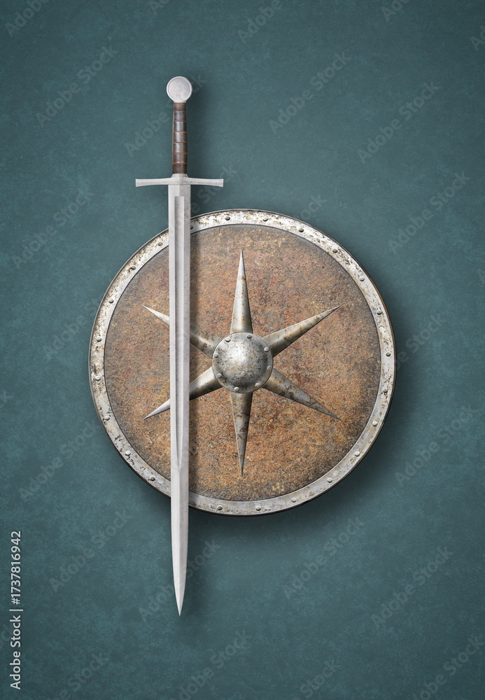 Naklejka premium sword and metal shield on dark background