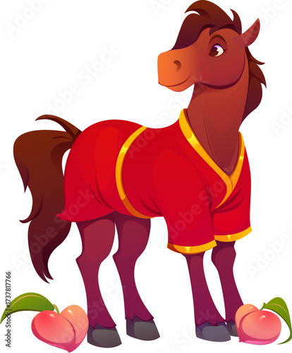 Chinese Lunar New Year cartoon horse character for holiday, vector animal symbol. Funny cartoon horse in Chinese traditional costume for lunar calendar luck symbol of New Year or CNY Asian holiday