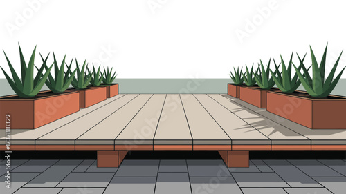 A symmetrical view of a raised wooden platform with plants in rectangular planters on both sides