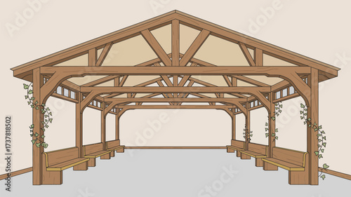 Illustration of a wooden pavilion structure with benches and climbing vines on the support beams