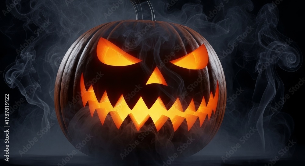Naklejka premium Spooky Pumpkin and Smoke on Halloween Night - A glowing pumpkin with evil eyes emerges from dark smoke. This symbolizes the spooky atmosphere, mystery, and anticipation of Halloween