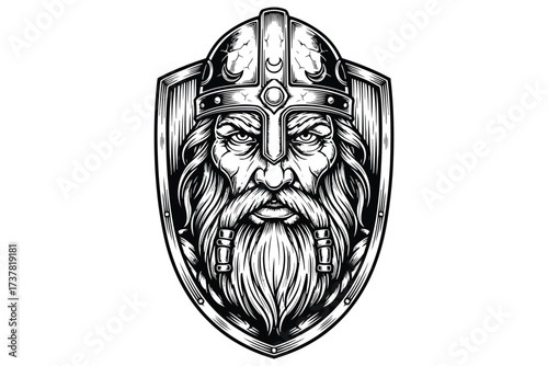 Vector art of an intricate viking warrior illustration, showcasing a bearded face, helmet, and shield, perfect for historical, fantasy, and norsethemed designs