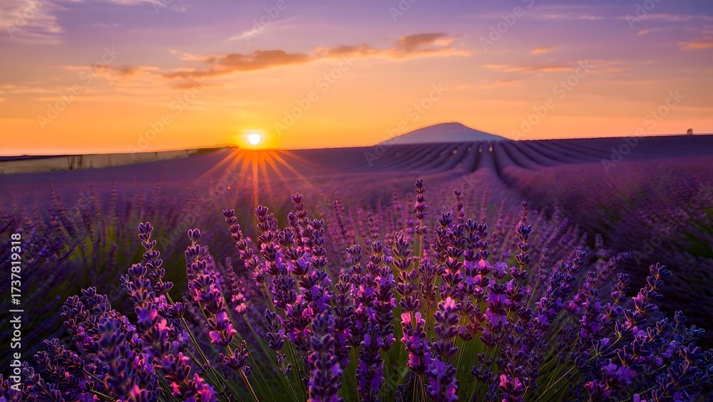 Obraz premium Sunset over lavender fields with mountain silhouette at dusk