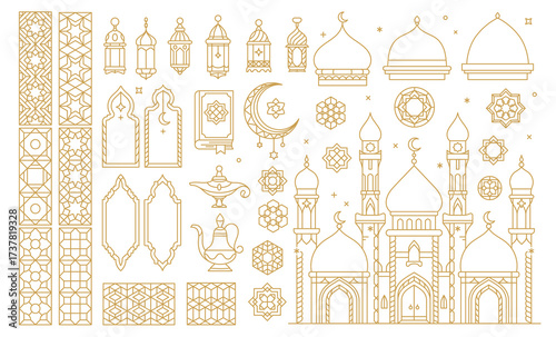 Ramadan ornament elements, muslim islam arabesque in oriental arabian art. Ramadan Kareem and Eid Mubarak Islamic holiday vector elements and ornaments of mosque with minarets and lanterns