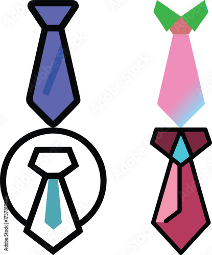 An abstract graphic of four ties in various colors and designs. They are symbols of formal wear or office attire.