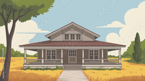 Illustration of a house with a porch and a path leading to it under a cloudy blue summer sky