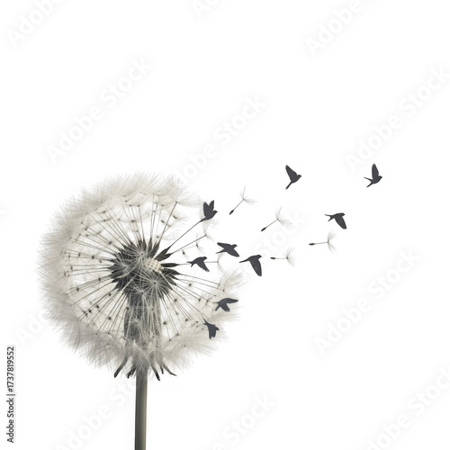 A dandelion seed head with seeds transforming into birds flying away, isolated on transparent background
