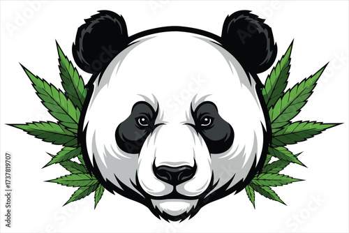 Vector art of panda head with cannabis leaves this striking design features a pandas face adorned with vibrant cannabis leaves, creating a unique and eyecatching image