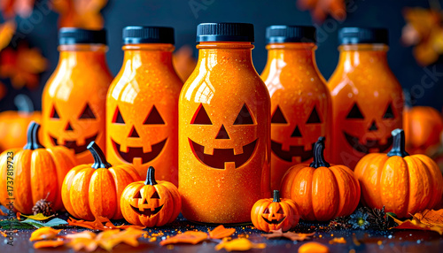 orange drink placed next to Halloween pumpkin decorations
