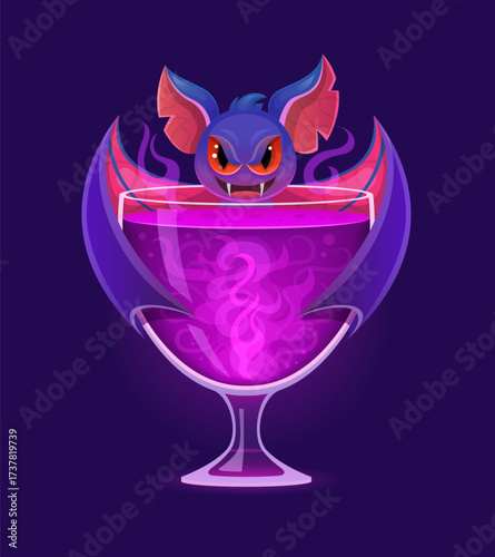 Halloween scary cocktail with monster bat vampire and hell fire, vector magic potion. Halloween holiday or horror night spooky cartoon cocktail drink glass for trick or treat party with witch bat