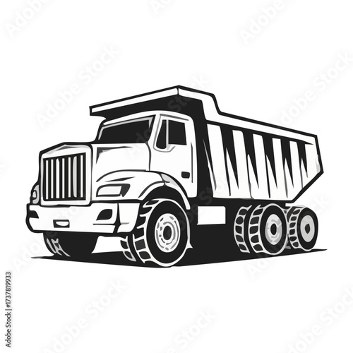 Heavy Duty Dump Truck Vehicle Designed for Construction and Engineering Operations in Black and White Graphic Illustration