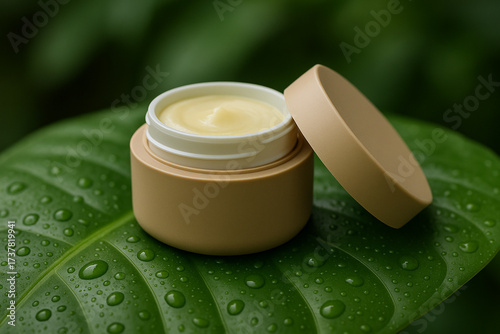 Refillable beauty jar with dew leaf — sustainable skincare concept