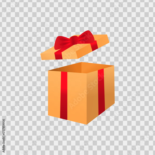 Open gift box with a red ribbon bow perfect for holiday cards, invitations, christmas banners, festive social media posts.