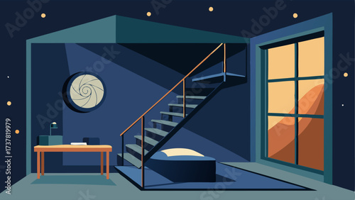 A loft bedroom with a mezzanine level accessible by a metal spiral staircase and a floortoceiling window for stargazing.