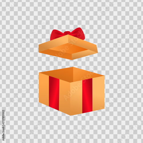 Open golden gift box with a red ribbon bow. Suitable for holiday, celebration, surprise, present, christmas, birthday, special occasion concepts.