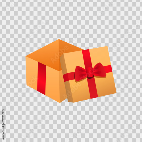 Open yellow gift box with a red bow perfect for celebration concepts, holidays, surprise themes in greeting cards, social media posts.