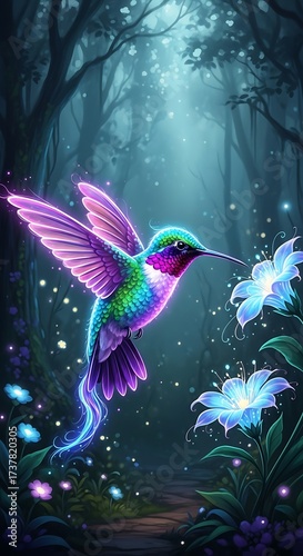 Hummingbirds Enchanting Dance - A Neon Symphony in the Forest.