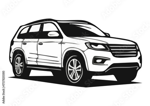Stylized Outline Illustration of a Modern SUV Car in Black and White with Sleek Design Features and Dynamic Angles for Urban Transportation Concept