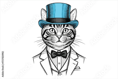 Vector art of charming illustration of a cat dressed in a suit and top hat, exuding elegance and sophistication, perfect for whimsical and stylish designs