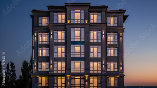 Modern residential apartment building with symmetrical façade and warm interior lighting at dusk.  
