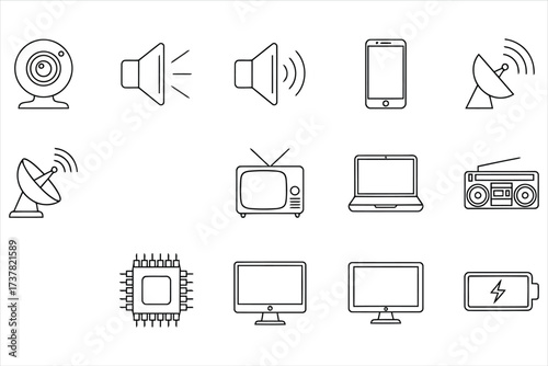 Vector art of illustration set of electronic devices includes a webcam, speaker, smartphone, satellite dish, television, laptop, radio, chip, monitor, and battery