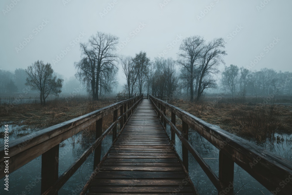 Naklejka premium wooden bridge in the fog