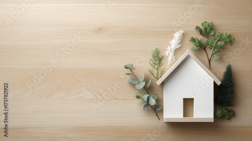 mock-up home and art design with green plant for inspiration on wooden background minimalist.