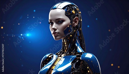 Majestic Futuristic Robot Queen with Sleek Silver Exoskeleton, Golden Circuitry, Glowing Blue Eyes, and Flowing Metallic Braid Against a Starry Sky – Regal Cybernetic Sci-Fi Royalty