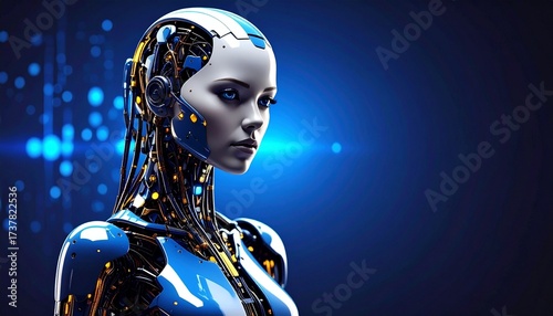 Majestic Futuristic Robot Queen with Sleek Silver Exoskeleton, Golden Circuitry, Glowing Blue Eyes, and Flowing Metallic Braid Against a Starry Sky – Regal Cybernetic Sci-Fi Royalty
