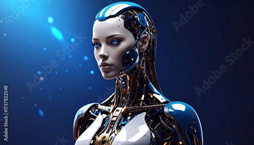 Majestic Futuristic Robot Queen with Sleek Silver Exoskeleton, Golden Circuitry, Glowing Blue Eyes, and Flowing Metallic Braid Against a Starry Sky – Regal Cybernetic Sci-Fi Royalty