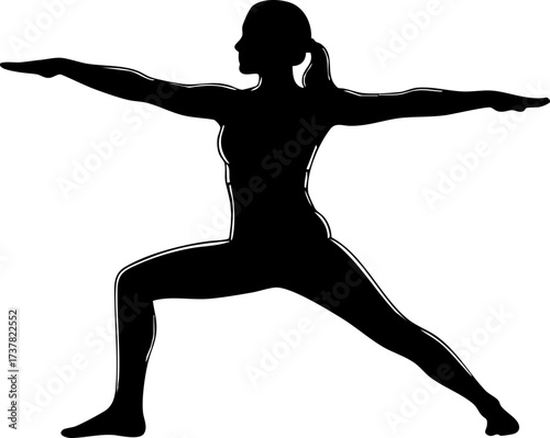 Dynamic woman strikes powerful warrior pose, embracing strength and balance in graceful yoga silhouette for wellness and fitness inspiration