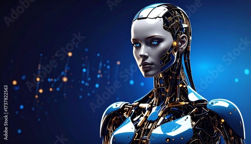 Majestic Futuristic Robot Queen with Sleek Silver Exoskeleton, Golden Circuitry, Glowing Blue Eyes, and Flowing Metallic Braid Against a Starry Sky – Regal Cybernetic Sci-Fi Royalty