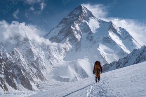 hiker in winter mountains