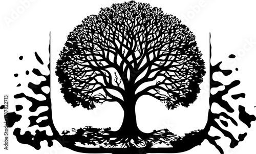 Majestic ancient tree with intricate branches and deep roots symbolizes growth, wisdom, and enduring strength, perfect for branding.
