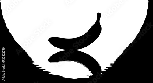 Striking black silhouette of a ripe banana casting a crisp reflection on a dark, rippling surface creating modern, bold, and graphic fruit art