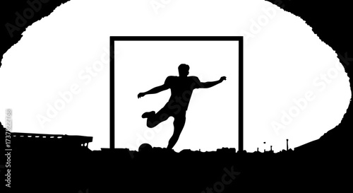 Dynamic silhouette of a soccer player kicking a ball through goalposts, capturing athletic power and sport excitement.
