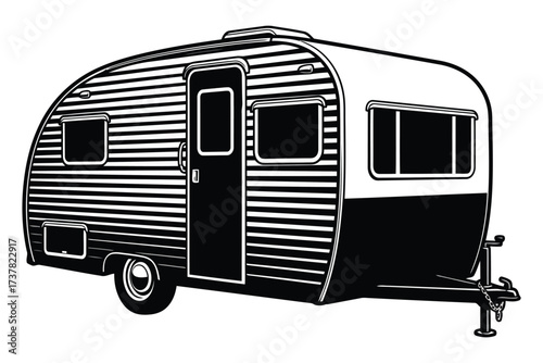 Vector art of a vintage camper trailer with a striped pattern, showcasing its classic design and compact structure, perfect for travel and outdoor adventures