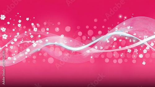 Abstract floral design with flowing waves and soft bokeh effects on a vibrant pink background