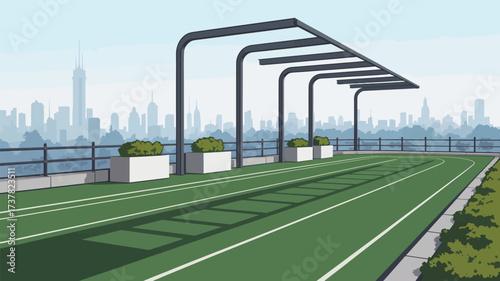 A rooftop running track with planters and a metal structure overlooking a distant cityscape view