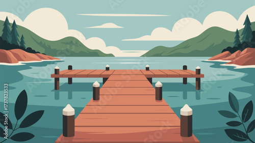 A serene lake scene with a wooden pier extending into the water and mountains in the background view scene
